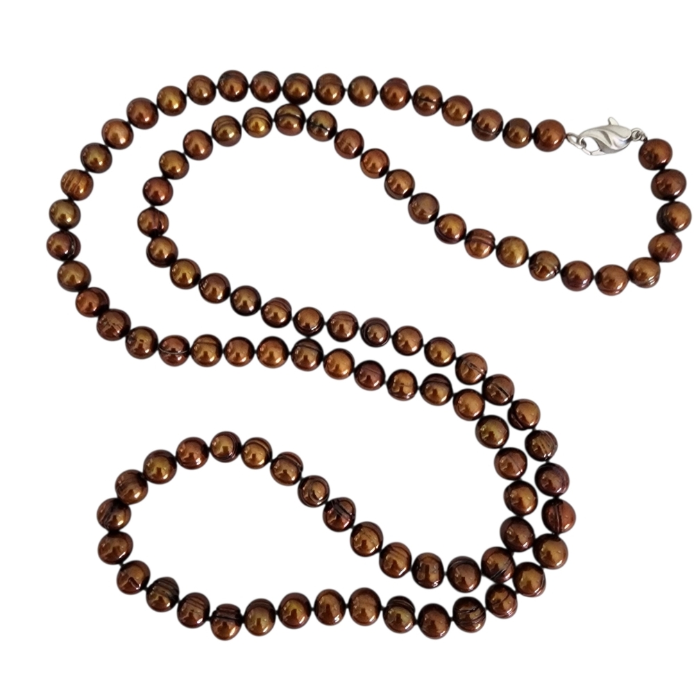 Vintage pearl necklace 925 sterling silver brown ringed pearls  A0234